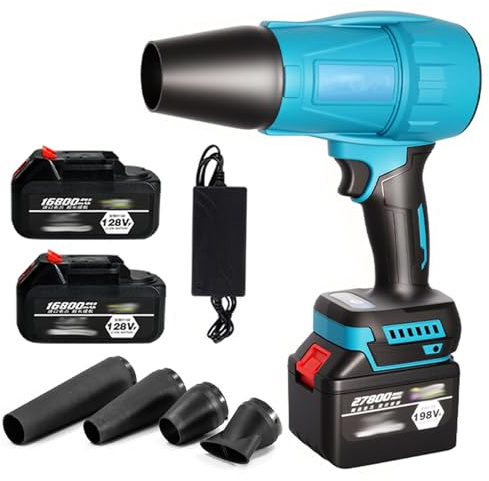 Soffiatore a Batteria, 35.000 Giri/min, Soffiatore Foglie con 4 Ugelli Estesi, Design Leggero e Portatile, Soffiatore ad Aria Compressa con 2 Batterie e Caricabatterie