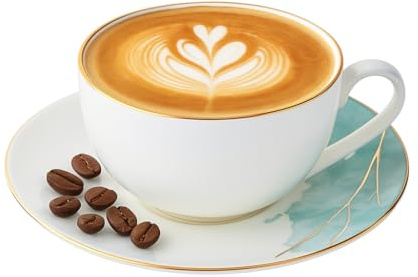 London Boutique Elegant Porcelain Large Tea Coffee Cup Saucer Set, 300ml, White with Turquoise Marble Design, Gold Banding, Set of 1(1) for Cappuccino Latte Mocha Americano