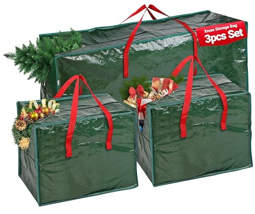 Christmas Tree Storage Bag – Fits Up to 7.5ft Artificial Trees – 3 Piece Set with 2 Decoration Bags – Durable Reinforced Handles and Zipper – Heavy Duty Xmas Tree Bag – Protects Moisture and Dust
