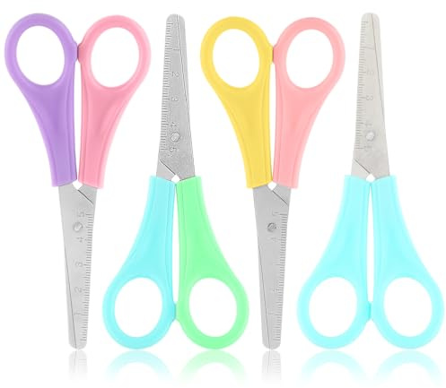 Wanmu 4 Pcs Kids Scissors, 5 Blunt Tip Safety Scissors with cm-Scale, Stainless Steel Small Scissor for Children Students Scrapbooking Art DIY Craft School Teaching Stationery Cutting Paper