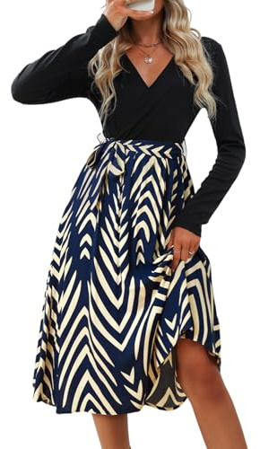 CUPSHE Damen Herbst Kleid V Ausschnitt Langarm Bindegürtel A Linie Leopardenmuster Partykleid Freizeitkleider Midi Skater Dress Königsblau Geo M