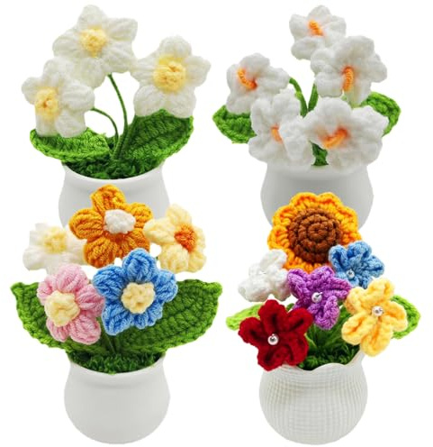 Vndnsy Bouquet di fiori all'uncinetto in 4 pezzi, girasole lavorato a mano, graziosi fiori all'uncinetto fatti a mano, utilizzato per scrivanie in casa e come decorazione per auto, ornamenti