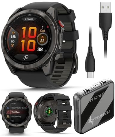 Wearable4U Garmin Fenix 8 Pro – 51mm AMOLED LTE & Satellite Connected Multisport GPS Smartwatch, inReach Technology: Sapphire Carbon Gray DLC Titanium w/Black-Pebble Gray Silicone Band Power Bundle