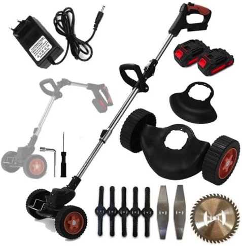 MF artSHOP Desbrozadora eléctrica a batería 48 V, multifunción con marco plegable 90°, cuchillas de acero y disco sierra, ruedas extraíbles, sistema anticolisión, protección de seguridad