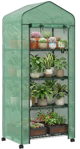 Outsunny Invernadero de Exterior con 4 Estantes y Ruedas, Invernadero de Jardín con Puerta Enrollable, Marco de Acero y Cubierta PE 140g/㎡ Anti-UV, Impermeable para Terraza, Patio, 70x50x165 cm, Verde