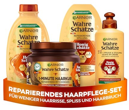Garnier Wahre Schätze Haarpflege-Set Honig-Schätze, reparierend, für geschädigtes Haar, mit Shampoo, Spülung, 1-Minute Haarkur,Leave-In, 4-teilig