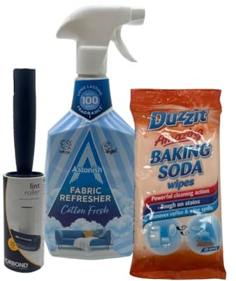 Laundry Care Kit – Fabric Refresher Spray 500ml, Baking Soda Stain Wipes & Lint Roller (35 Sheets) | 3-Piece Clothes, Sofa & Pet Hair Bundle for Odours, Stains & Fluff