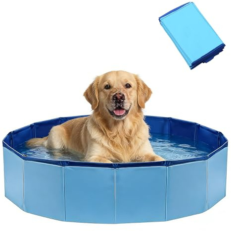 Dhqkqg Dog Paddling Pool, Foldable Dog Pool, Non-Slip Paddling Pool for Dogs, PP Board Dog Swimming Pool, Quick to Set Up and Drainage Hole, Bathing Tub for Small, Medium Dogs/Pets (80 x 20cm, Blue)