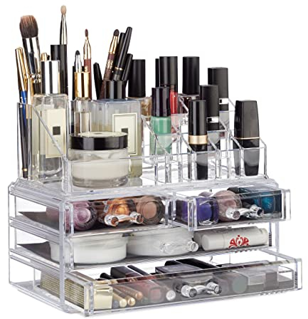 Relaxdays Make Up Organizer Acryl, 2-teilige Schminkaufbewahrung mit Lippenstifthalter und 4 Schubladen, transparent, 19 x 24 x 13.5 cm