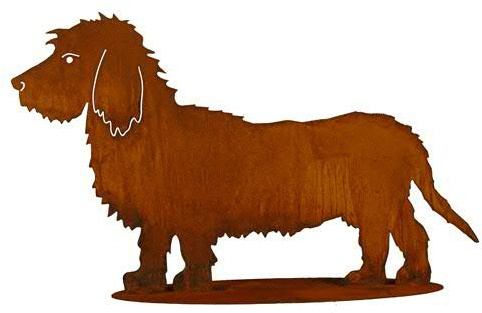Klocke Dekoration Garten Figur - Hundedeko: Dackel auf Platte (Fester Stand) - Länge 70cm / Höhe 42cm - Edelrost Gartendekoration