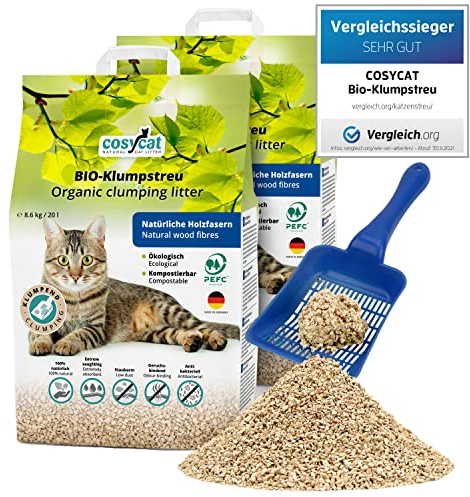 COSYCAT Klumpendes Bio-Katzenstreu aus Holz [100% Natürlich] – 40 l - in der Toilette entsorgbar – Klumpstreu pflanzlich - Holzstreu