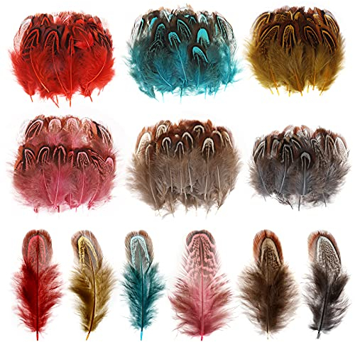 MWOOT DIY Basteln Federn, 120 Stück Bunt Bastelfedern, Hahnenfeder für DIY Ohrringe Traumfänger Faschingskostüme Party-Masken Ostereier Dekoration, 4-8CM Klein Feder Rot Schwarz Braun Gelb Rosa Blau