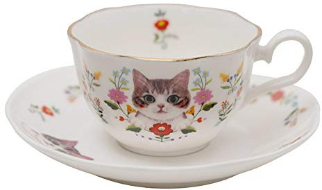 123Arts Ceramic Cat and Flower Coffee Mug Teacup Set with Saucer