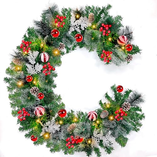 6 Ft by 10 Inch Prelit Christmas Garland with 30 Lights Timer 150 Snowy Bristle Pine, 9 Ball Ornaments, 8 Pinecones,56 Red Berries, 3 Cypress Leaves Battery Operated Xmas Decor for Home Indoor Mantle