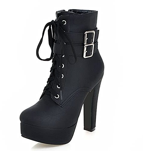 SJJH Damen Stiefeletten mit Absatz Plateau Stiefeletten mit Nieten (Schwarz 2, 40 EU)
