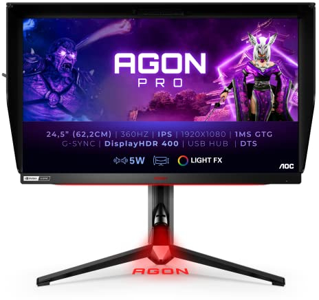 AOC Monitor Agon Gaming AG254FG - 24 pulgadas Full HD, 360 Hz, 1ms, IPS, G-Sync Nvidia Reflex, HDR 400, Ajuste de Altura, (1920x1080, 400 CD/m², HDMI 2.0/DP 1.4/USB 3.2), Negro