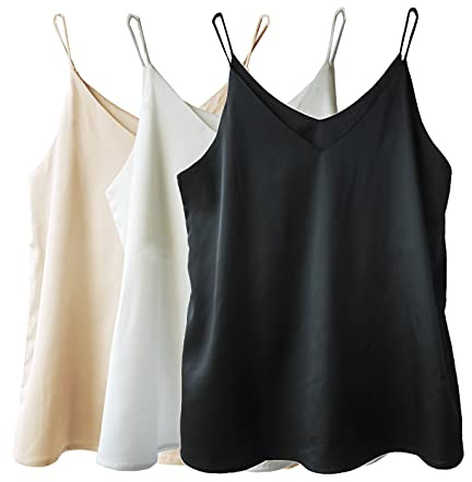 Wantschun 3pcs Womens Silk Satin Camisole V-Neck Tank Top Blouse Shirt Spaghetti Strap Cami Plain Strappy Vest Basic - Black+White+Champagne, M