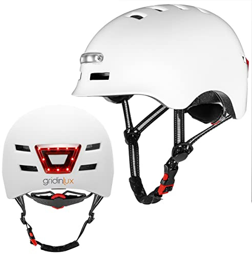 gridinlux® | Casco Safe & GO Blanco Talla L | Luz Frontal y Trasera | Bicicleta y Patinete electrico | Movilidad Urbana | Unisex | Certificado Europeo CE y RoHS