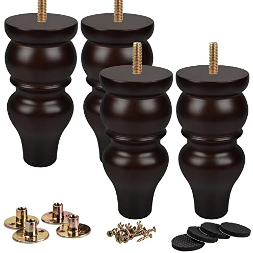 La Vane 6 Inch (15cm) Solid Wood Furniture Legs - 4Pcs Wooden Walnut Turned Spool Bun Feet with M8 Bolt, Extra Wide 3.5”(9cm) Diameter & Superior Strength for Dresser, Sofa, Cabinet, Sideboard