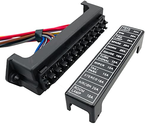 Aiqeer 12 Vie Blocco Fusibili a Lama per Auto, 2 Ingressi 12 Uscite Portafusibili a Lama Standard, Scatola Fusibili Standard con Precablato, e 10 Pezzi Fusibili a Lama (12V / 24V / 32V / 48V)