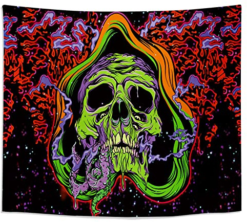 Roninkier Wandteppich Skelett Schwarzlicht Wandbehang - Wandtuch Psychedelic Uv Reaktiver Bohemian Tapestry Hippie Scheinen für Deko Schlafzimmer Wohnzimmer (Skelett, 230x180cm(91x71Zoll))