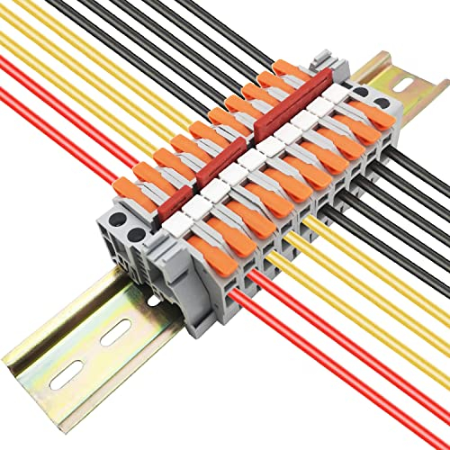 CTRICALVER DIN Rail Universal Class Terminal Blocks Kit, Orange Lever Connectors (10 pcs), with Blank Marker Strips,Securing clipand Connection bar (2P, 3P,4P,5P)