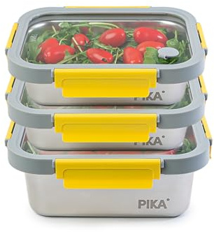 Pika|Lot 3 boites alimentaires inox, couvercle verre Compatible micro-ondes