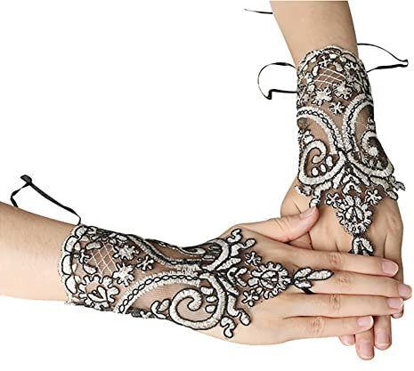 ihreesy Hochzeit Braut Handschuhe, Spitzenhandschuhe Mesh-Brauthandschuhe Fingerlose Handschuhe Halbhandschuhe Spitze Halbfinger Handschuhe Hochzeitshandschuhe Kostüm Accessoires,Schwarz Gold