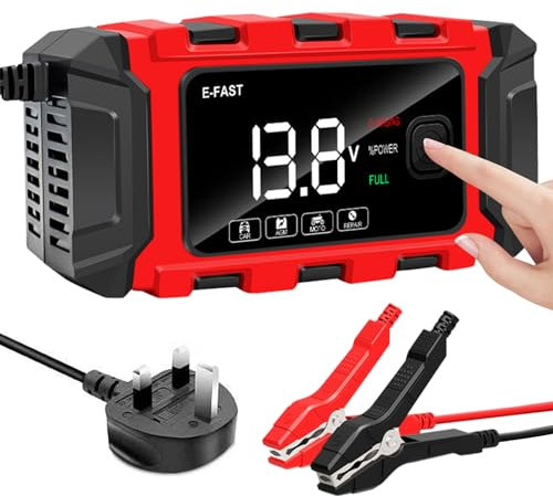 Fozuanei 12V/24V Fully Automatic Smart Car Battery Charger with LCD Screen for Most Lead Acid Batteries - Red