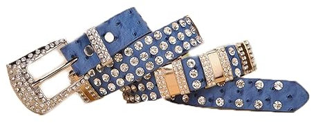 DBFBDTU Damen-Nietengürtel, Strass-Gürtel, Dornschließe, Vintage, Leder, Nietengürtel, Punk, Jeans, dekorativ, blau, 110 cm