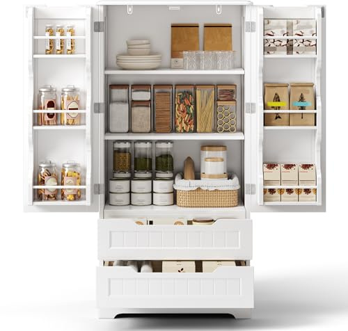 Bealife Armadio da Cucina Credenza, Armadietto Alto Mobile di Storage con 2 Porte e 2 Cassetti, Ideale per Cucina,Stanza da Pranzo, Soggiorno,120x40x60cm Bianco