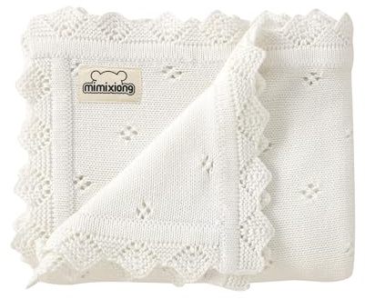 mimixiong Cotton Baby Blanket Knitted Crochet Receiving Crib Nursery Swaddling Blankets for Newborn Baby Boy Girl Off White 30x40 Inch