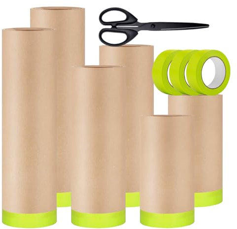 YUNXIHUI Masking Paper, 6 Rolls Automotive Paint Paper Roll with Tape, Assorted Sizes Tape and Drape, Paint Masking for Painting Car and Auto Body,Floor Protection, Wall Covering(6in 12in 18in)