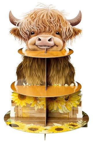 Salovio Highland Cow, supporto per cupcake di compleanno, decorazioni per feste, a 3 livelli, colore marrone, a tema bestiame, forniture per feste per baby shower, cupcake, dessert, centrotavola