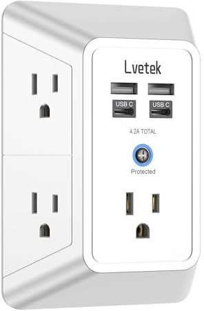 Outlet Extender, Surge Protector Outlet with 5-Multi Plug Outlet and 4 USB Ports(2 USB C), 3-Sided 1680J Power Strip Wall Charger, Multiple-Plug Outlet Splitter for Home Travel Office,ETL Listed,White