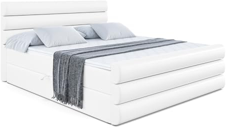 ALTDECOR Boxspringbett mit Matratze und Lattenrost, Boxbett, Topper, Fußteil, Polsterbett mit Bettkasten, Bett mit Stauraum H4-Matratze, Springboxbett - Celestia-Z - 120x200 - Weiß Kunstleder