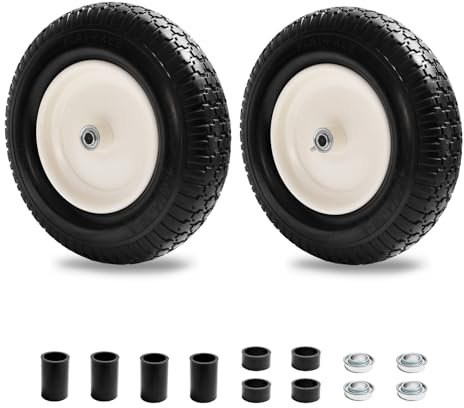 Parts Camp Lot de 2 pneus de brouette de 40,6 cm, 10,2 à 20,3 cm, roue solide sans plat et pneu de 1,6 cm, trou d'alésage de l'essieu de 7,6 cm, moyeu centré pour chariot de jardin/chariot/tondeuse à
