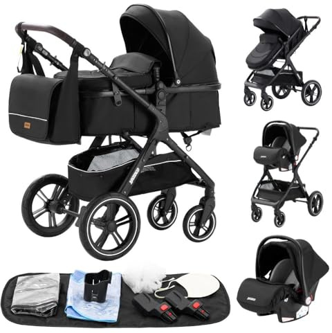 GLOKID Carrito bebé 3 Piezas, Carro, Carrito bebé 3 en 1, Silla Paseo, Sistema de viaje, Plegable, neumáticos de caucho, Con accesorios, Góndola, Adaptateurs 25 kg (Negro)