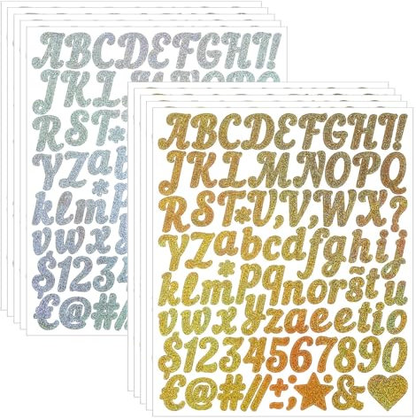 880 Stück Glitzer-Buchstaben-Aufkleber, Silber, Gold, selbstklebend, Vinyl, Buchstaben, Zahlen, Aufkleber für Klassenzimmer, Schild, Türkarte, DIY, Handwerk, Grad Kappe, Dekoration, 10 Blatt