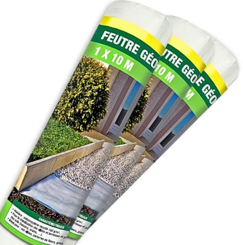TERRE JARDIN - Rouleau Géotextile, Non Tissé 1 x 10 m, Lot de 3 - Feutre Géotextile 150g/m2, Polyester - Toile de Paillage Anti-Mauvaises Herbes - Tissu Perméable, Système de Drainage, Allée, Jardin