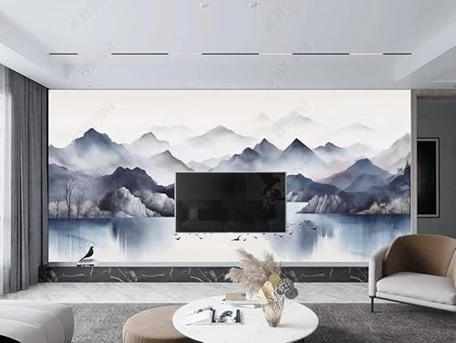 Papier Peint Intissé Encre De Chine Paysage Bleu Poster Tableaux Muraux Tapisserie Photo Trompe L'Oeil Salon Chambre Art Mural 400Cm(L) X280Cm(H)