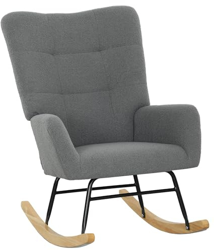 HOMCOM Rocking Chair, Teddy Upholstered Accent Chair, Modern Armchair with Wide Backrest and Rubberwood Base for Living Room, Bedroom, Grey