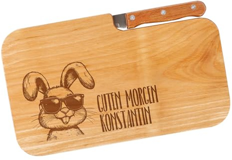 Herz & Heim® Personalisiertes Frühstücksbrett mit Messer – Ostermotiv Hase mit Sonnenbrille – Gravur mit Wunschtext – Schneidebrett aus Holz – Geschenkidee zu Ostern für Kinder & Erwachsene