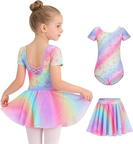 Mecceos Toddler Girls Ballet Leotards with Skirt Combo for Kids Short Sleeve Ballerina Dresses Outfits (Butterfly Rainbow, 4-6 Years, MEAM-241)