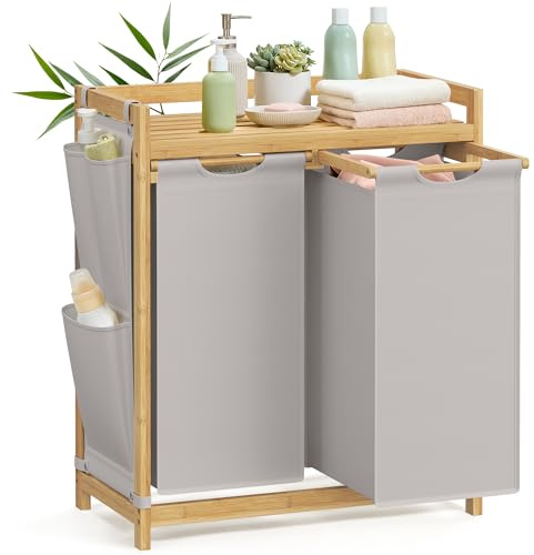 SONGMICS Tvättkorg med 2 fack, bambu smutstvättkorg, kapacitet 100 liter, med hylla, sidofickor, 2 x 50 L, 63 x 33 x 78 cm, Turtle Dove Grey RLH100G02