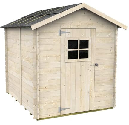 Caseta de Jardín Bh16 Gaeta 178x218 de Madera de Abeto Natural 16 mm con Puerta Simple con Ventana, Techo y Suelo OSB3, Montaje fácil, Tratamiento Autoclave, certificación PEFC