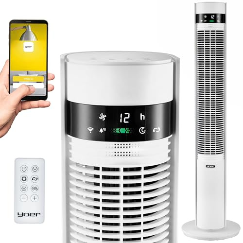 YOER 19dB Leiser Turmventilator, Plasma-Ionisator, Ventilator, 12 m Reichweite, 12 Geschwindigstufen, 3 Modi, 12h Timer, 80° Oszillation, Fernbedienung, CoolWhisper TF07W, weiß