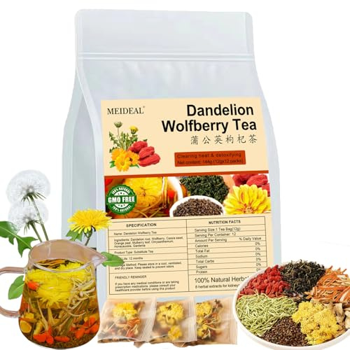 Dandelion Wolfberry Tea, 12 Pcs Dandelion Tea for Kidneys & Liver Health, Eight Natural Chinese Herbal Ingredients Blend with Chrysanthemum, Wolfberry, Cassia Seed (144g (12gx12 packs)