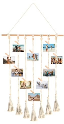 GIDWRIY Fotowand mit 30 Klammern Holz,Fotos Aufhängen Ideen,Foto Hängendes Makramee,Boho Deko Fotowand Fotovorhang,Bilderrahmen Mit Schnur für Polaroid,Wandteppich Foto Pinnwand Fotohalter