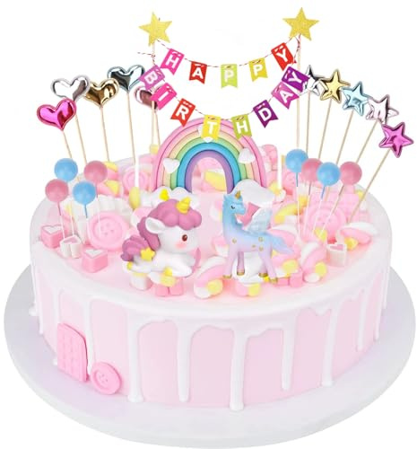 Unicorn Cake Topper, Rainbow Unicorn Cake Decorations for Kids Birthday, Baby Shower Party, Non-Edible Rainbow Cake Topper